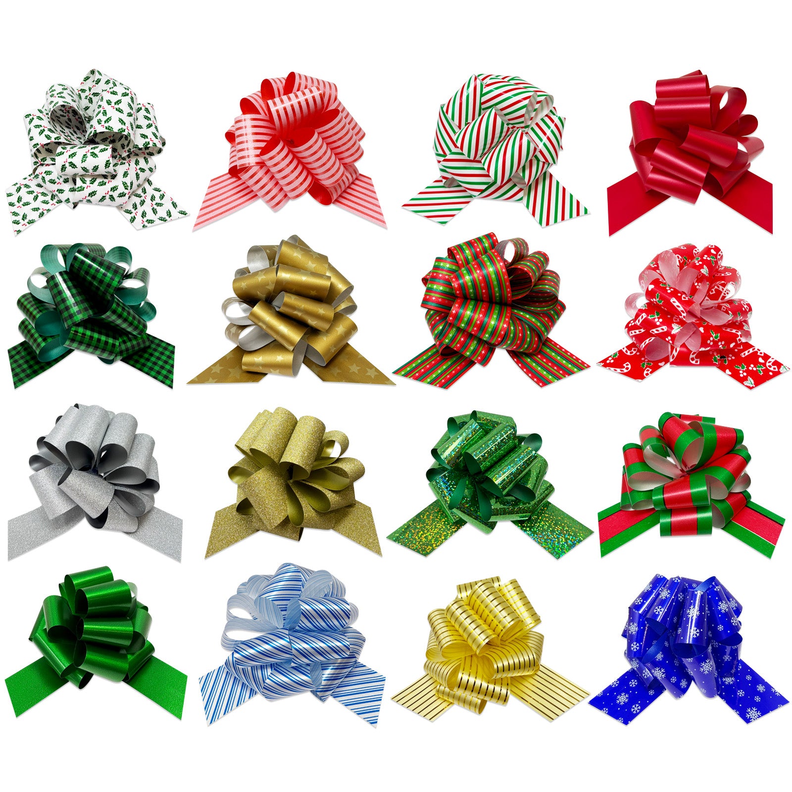 Wrapables Large 5" Christmas Pull Bows, Ribbon Bows (16pcs), Holiday Colors