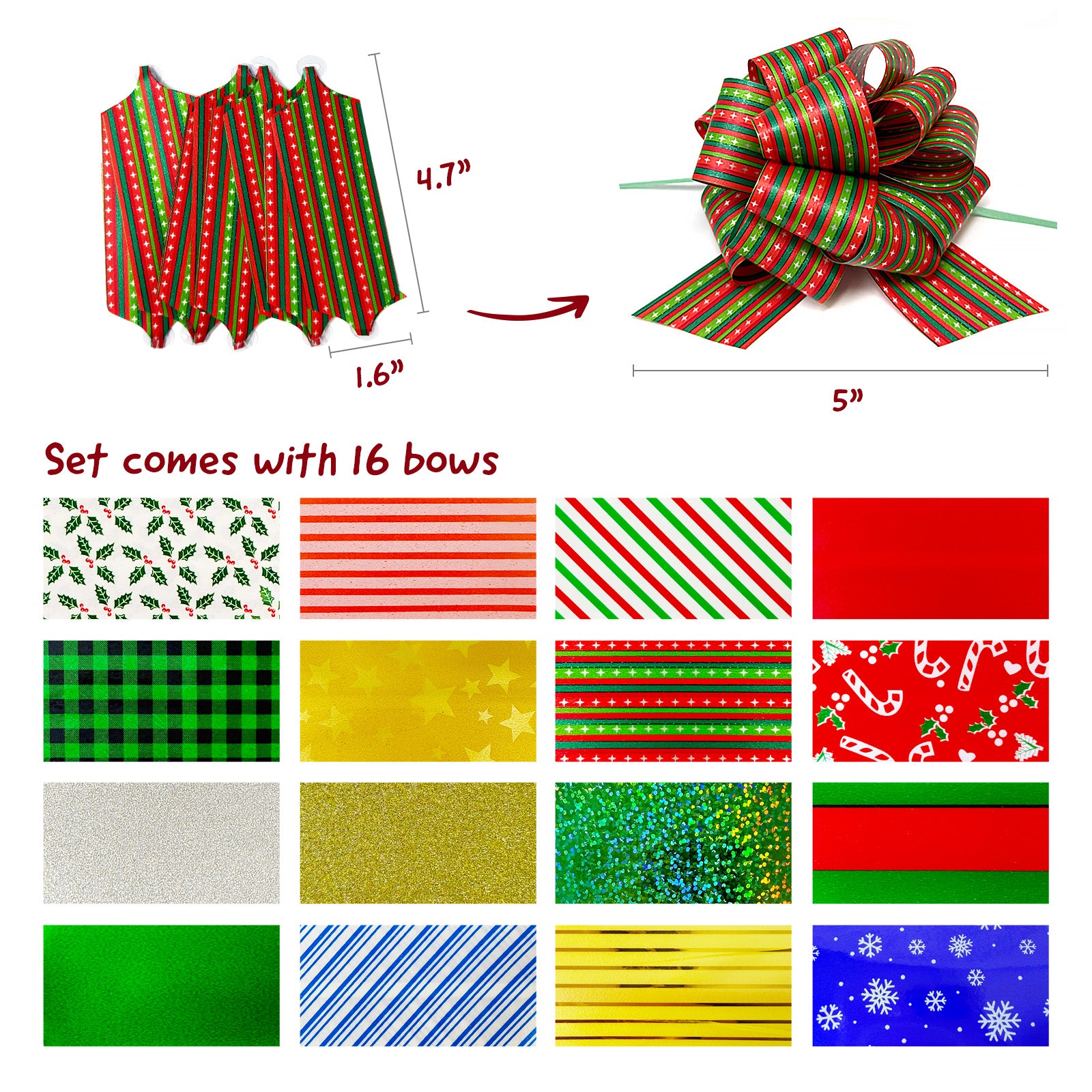 Wrapables Large 5" Christmas Pull Bows, Ribbon Bows (16pcs), Holiday Colors