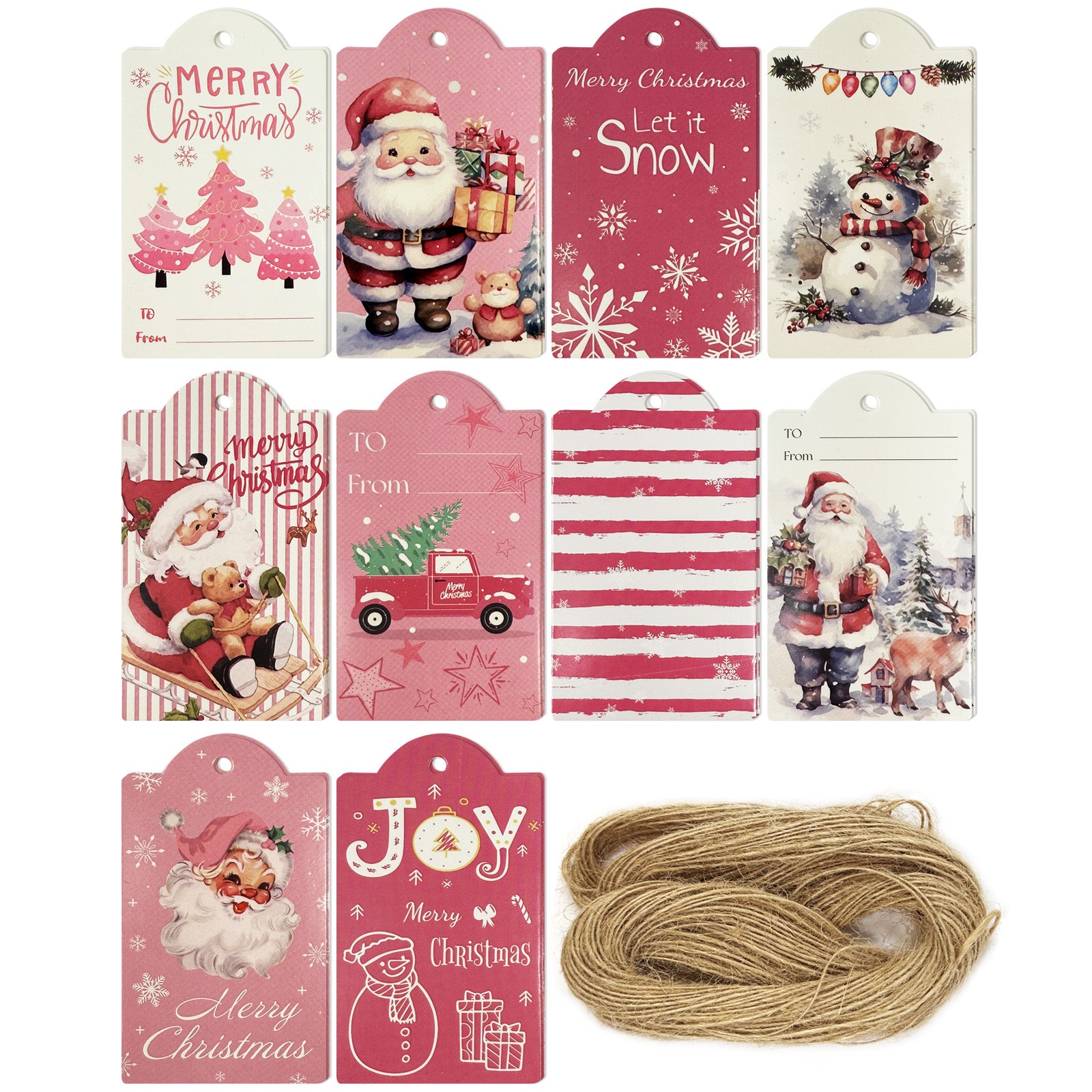 Wrapables Festive Fun Xmas Gift Tags with Jute String (60pcs), Pretty in Pink