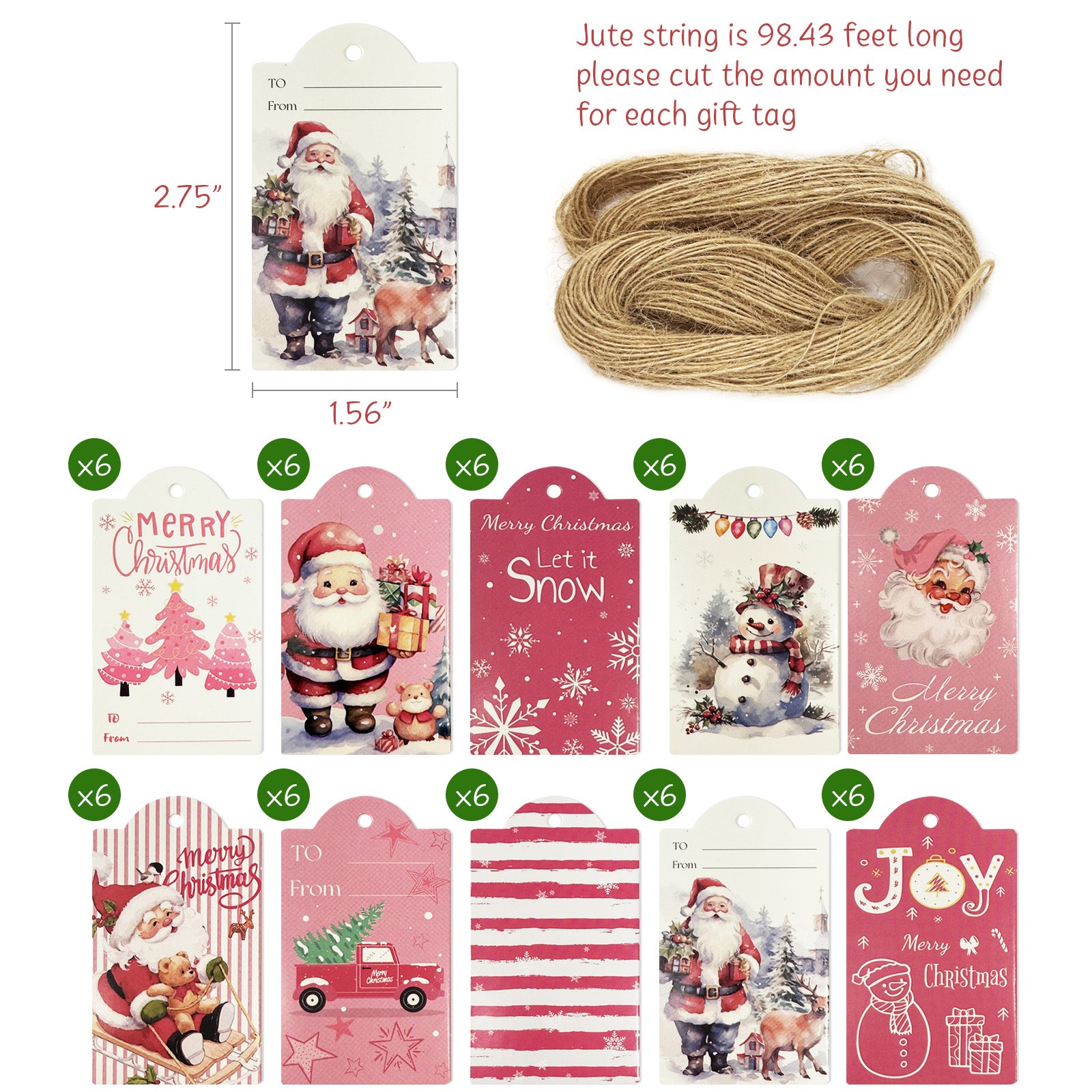 Wrapables Festive Fun Xmas Gift Tags with Jute String (60pcs), Pretty in Pink