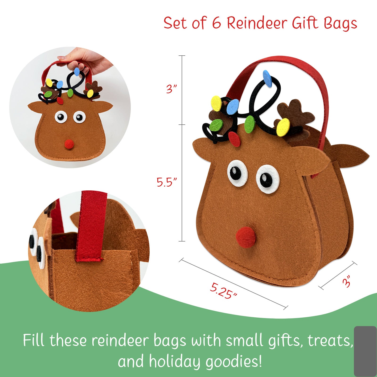 Wrapables Xmas Felt Reindeer Gift Bags, Holiday Decor 6pcs