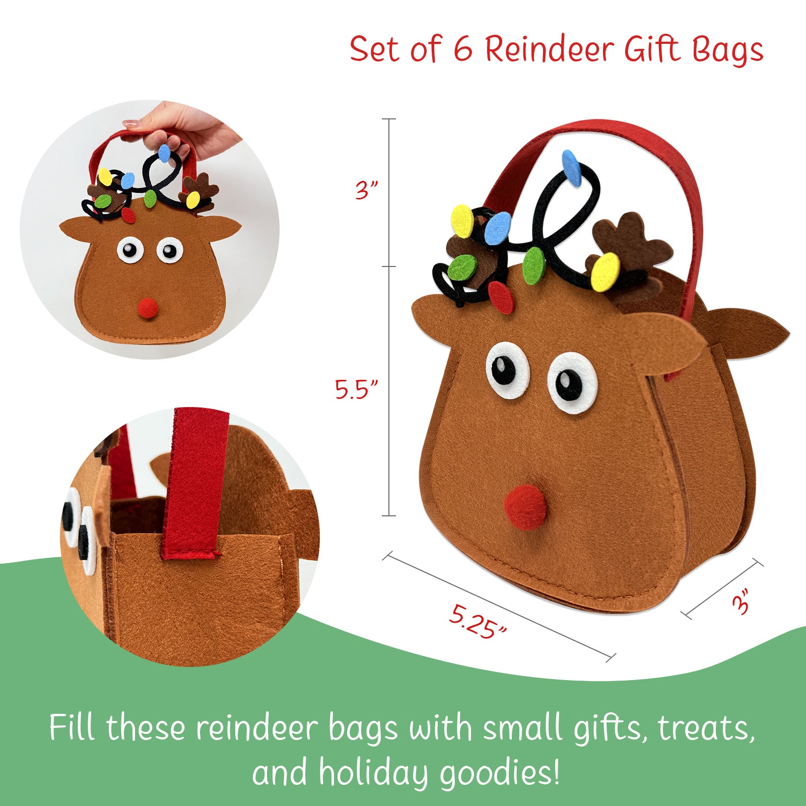 Wrapables Xmas Felt Reindeer Gift Bags, Holiday Decor 6pcs