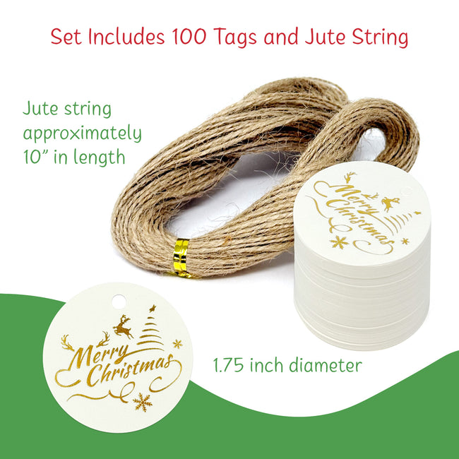 Wrapables Round Gold Foil Xmas Gift Tags with String 100pc, White