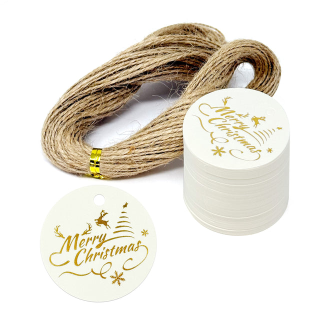 Wrapables Round Gold Foil Xmas Gift Tags with String 100pc, White