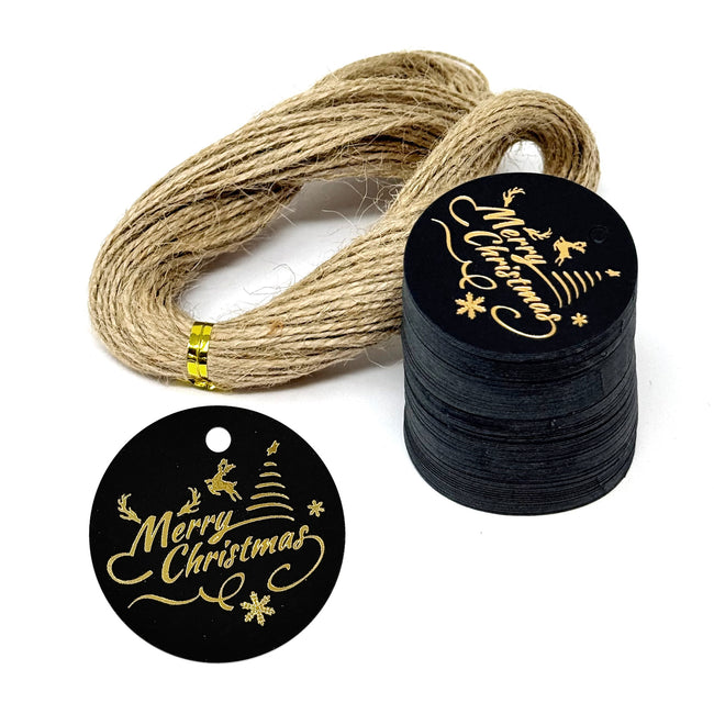 Wrapables Round Gold Foil Xmas Gift Tags with String 100pc, Black