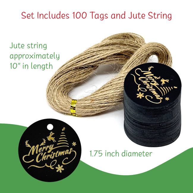 Wrapables Round Gold Foil Xmas Gift Tags with String 100pc, Black