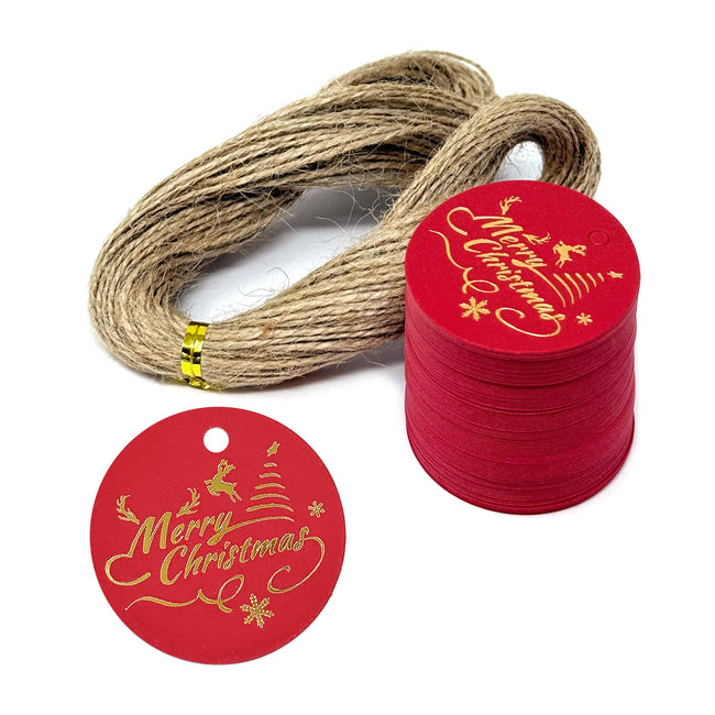 Wrapables Round Gold Foil Xmas Gift Tags with String 100pc, Red