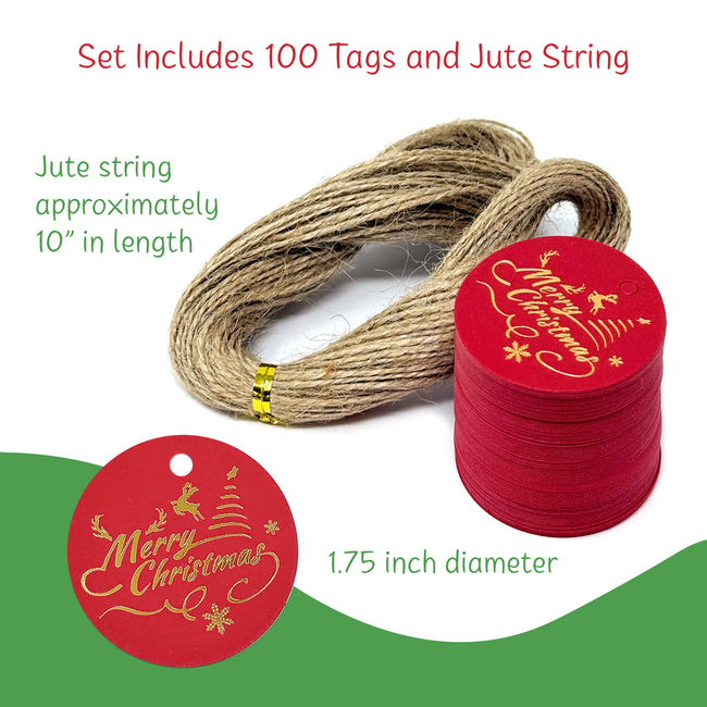 Wrapables Round Gold Foil Xmas Gift Tags with String 100pc, Red