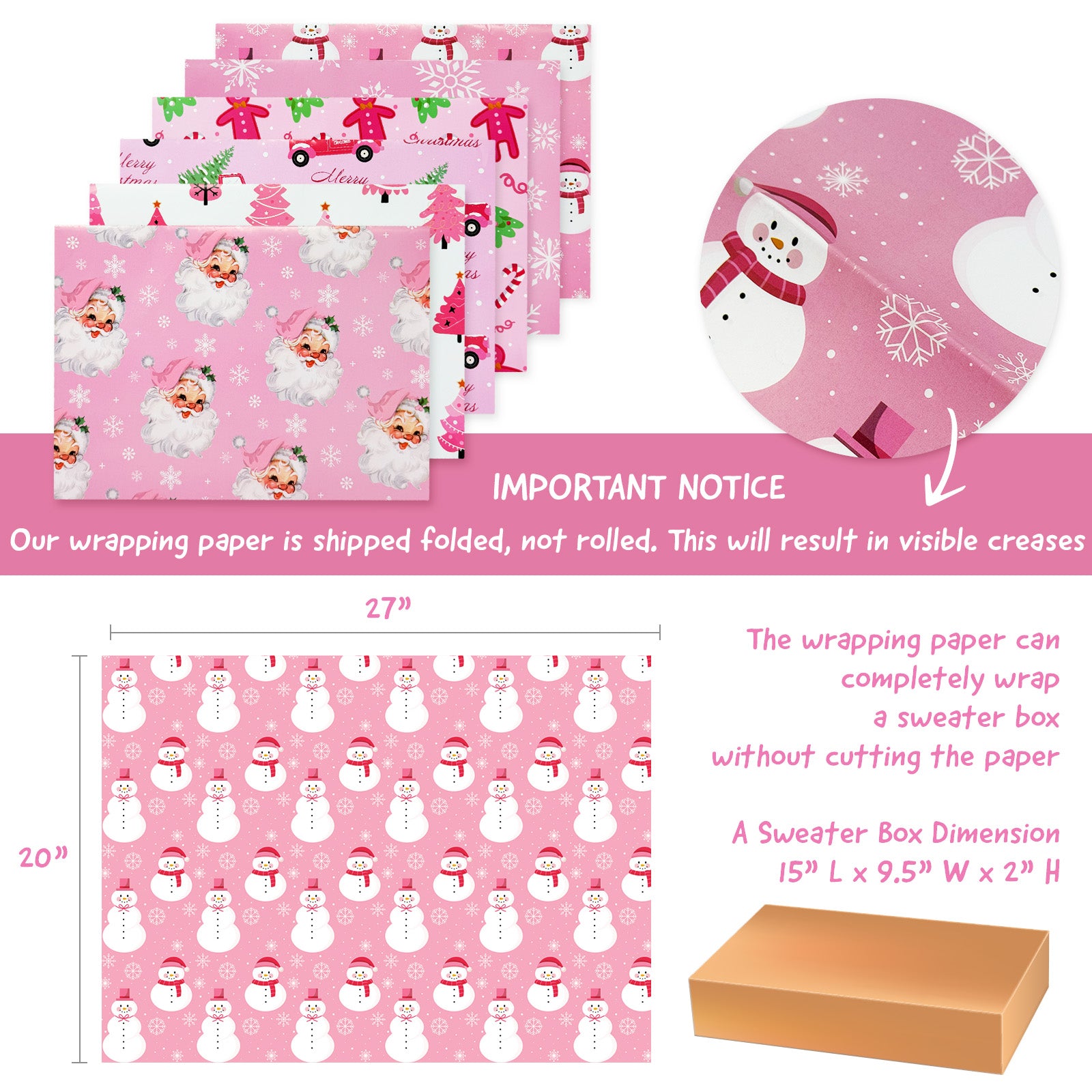 Wrapables Christmas Gift Wrap Paper Sheets Folded Flat 12pcs, Festive Pink