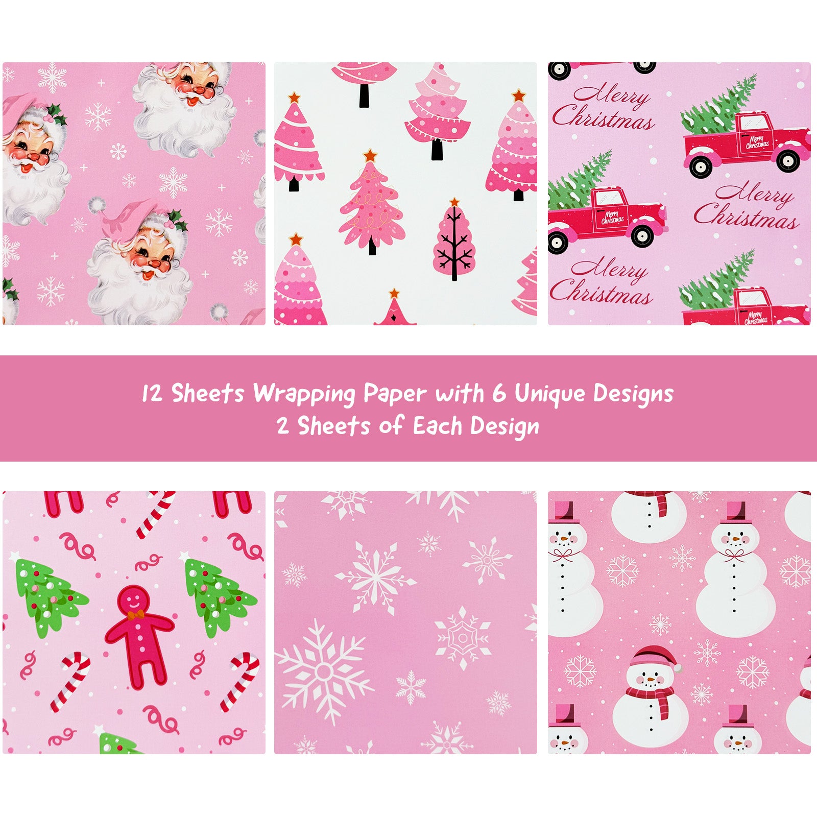 Wrapables Christmas Gift Wrap Paper Sheets Folded Flat 12pcs, Festive Pink