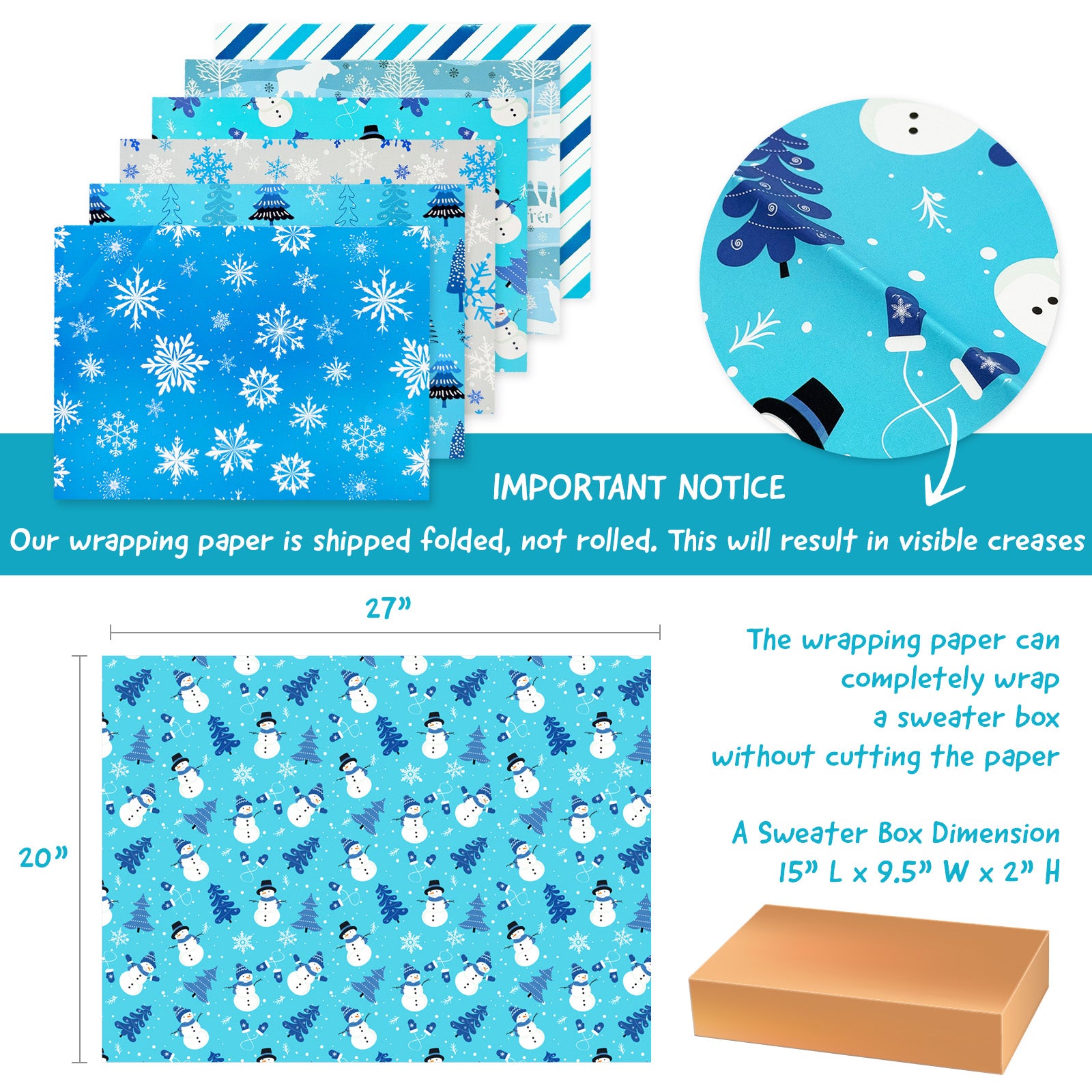 Wrapables Christmas Gift Wrap Paper Sheets Folded Flat 12pcs, Blue Snowflake