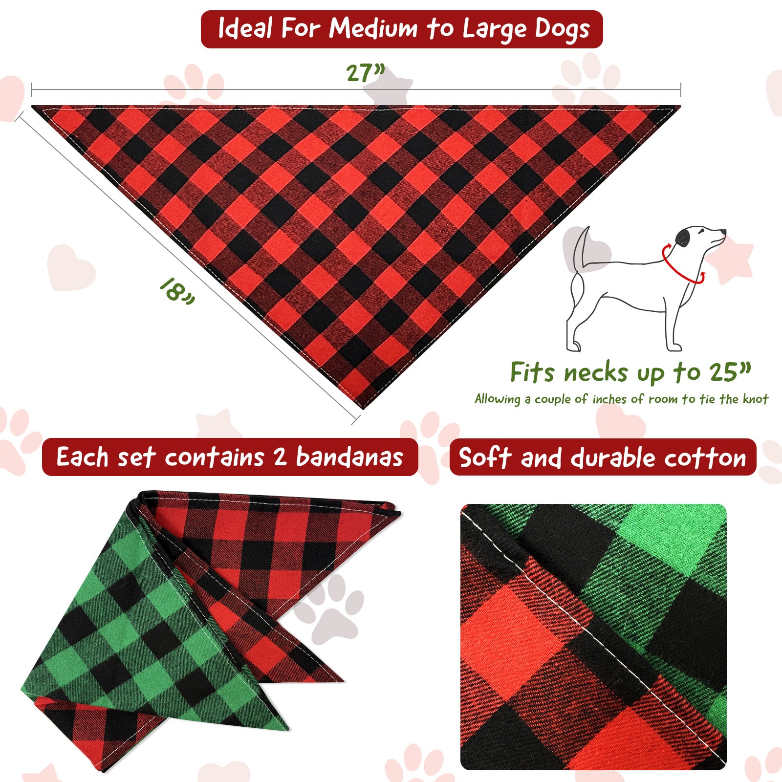 Wrapables Christmas Pet Triangle Bandana Scarves 2pcs, Large, Buffalo Plaid