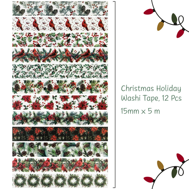 Wrapables 12pc Christmas Holiday Festive Foliage Washi Tape