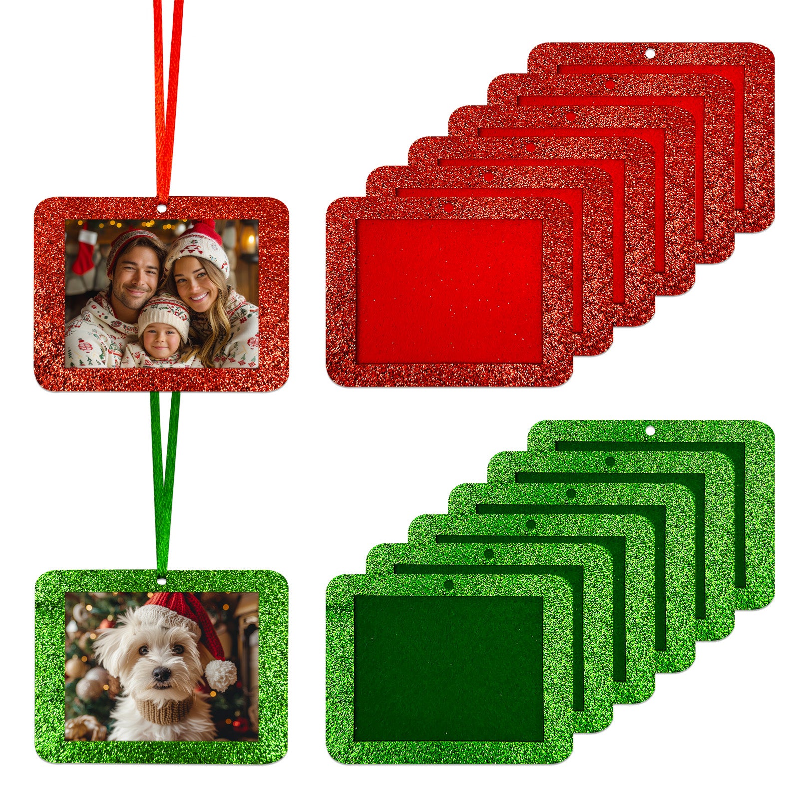 Wrapables Xmas Glitter Felt Photo Frame Ornaments 12pcs, Red & Green