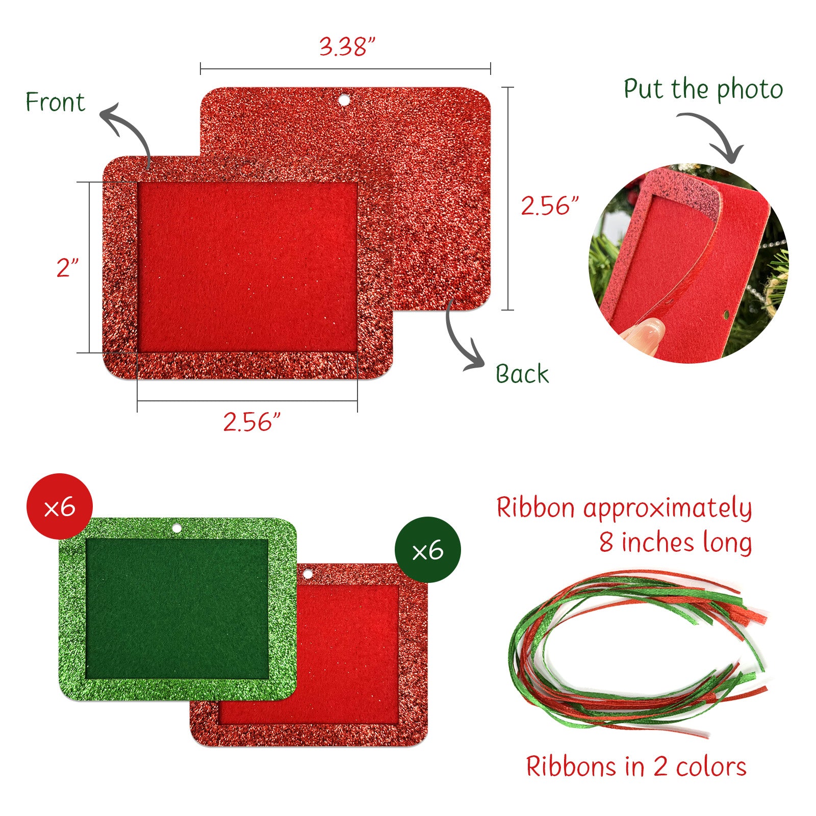 Wrapables Xmas Glitter Felt Photo Frame Ornaments 12pcs, Red & Green