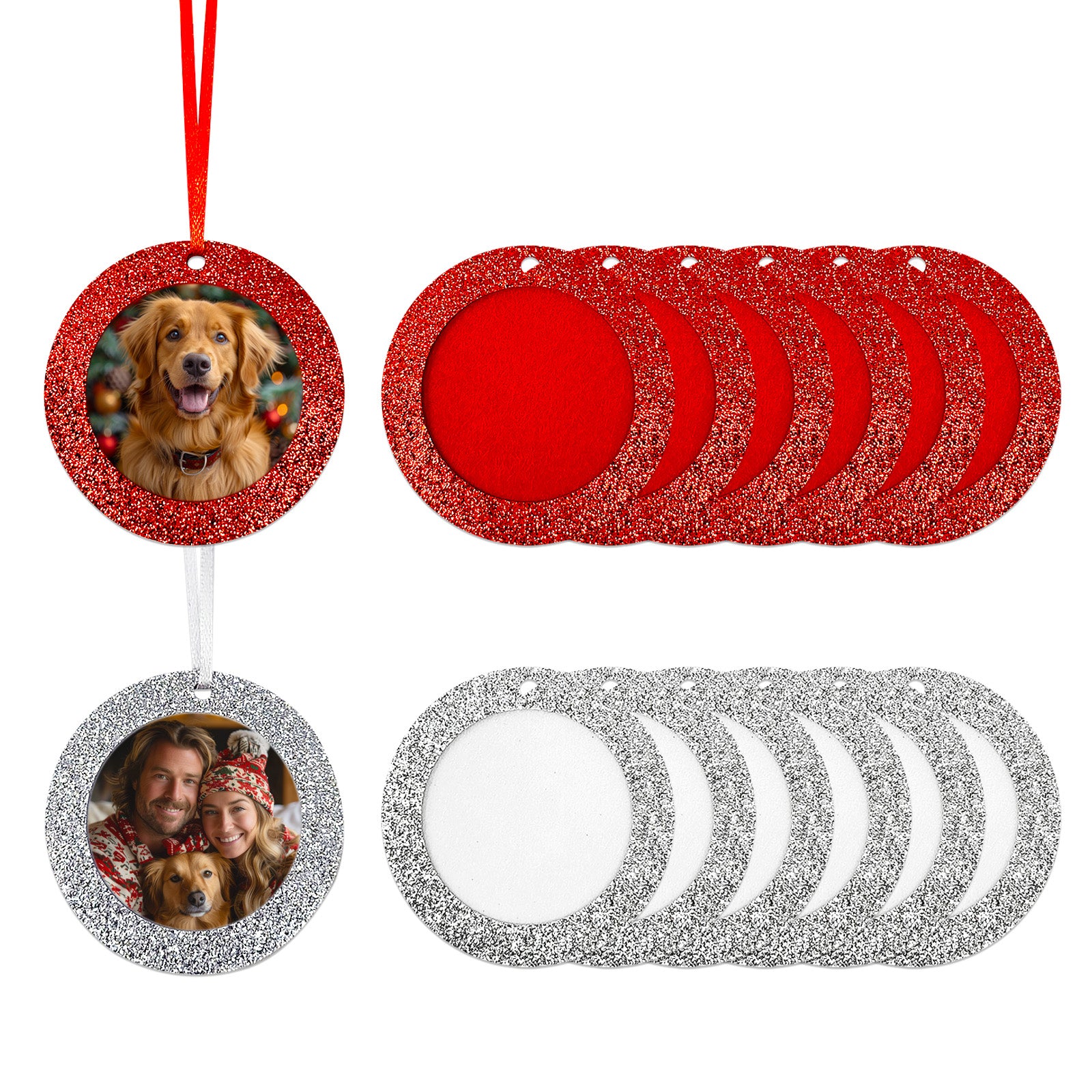 Wrapables Xmas Glitter Felt Photo Frame Ornaments 12pcs, Red & Silver