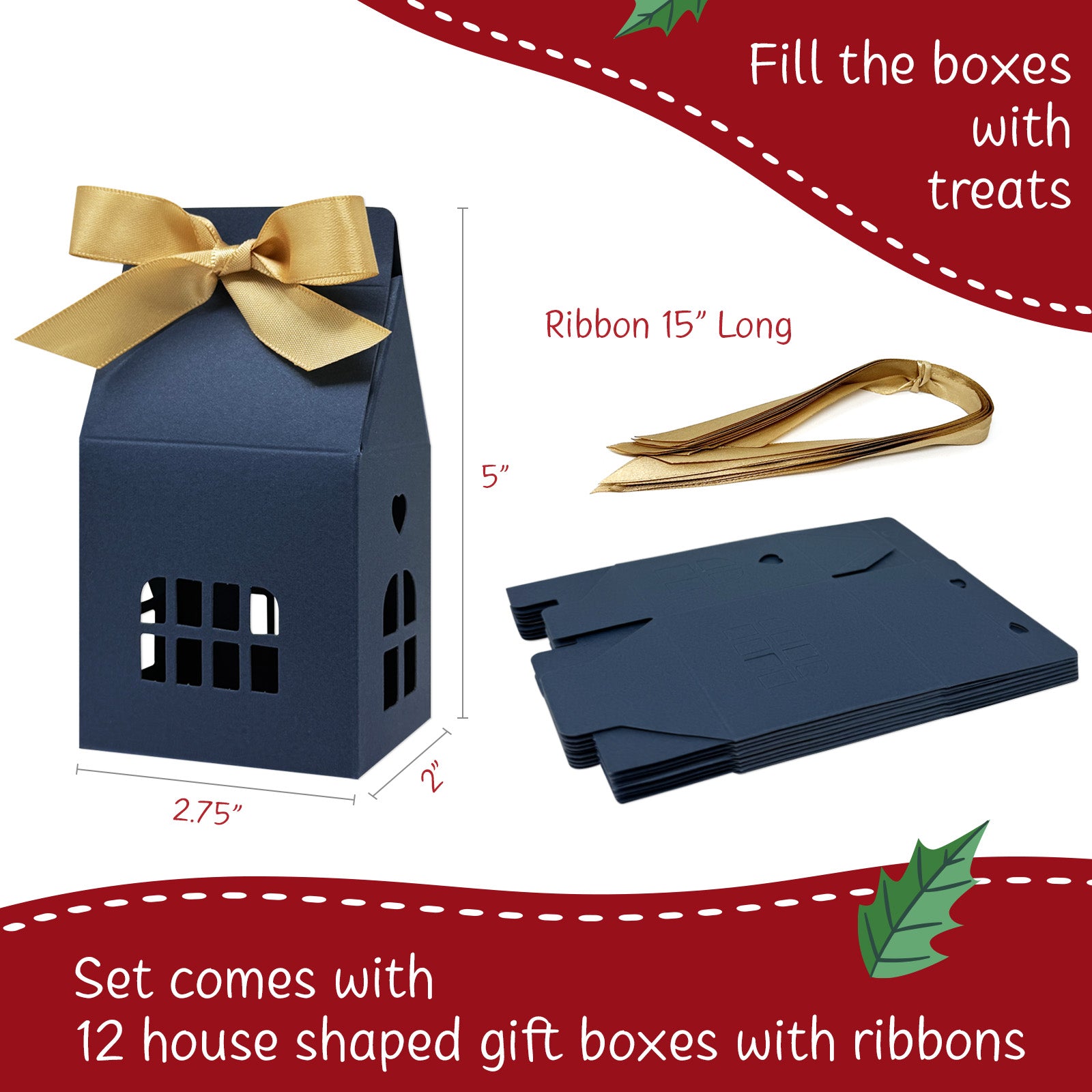 Wrapables House Shaped Gift Boxes with Ribbons, Blue