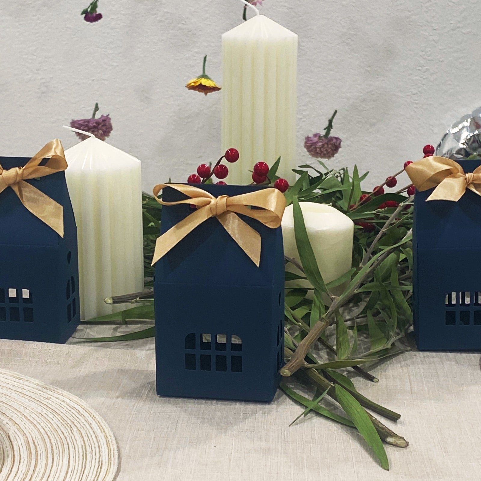 Wrapables House Shaped Gift Boxes with Ribbons, Blue