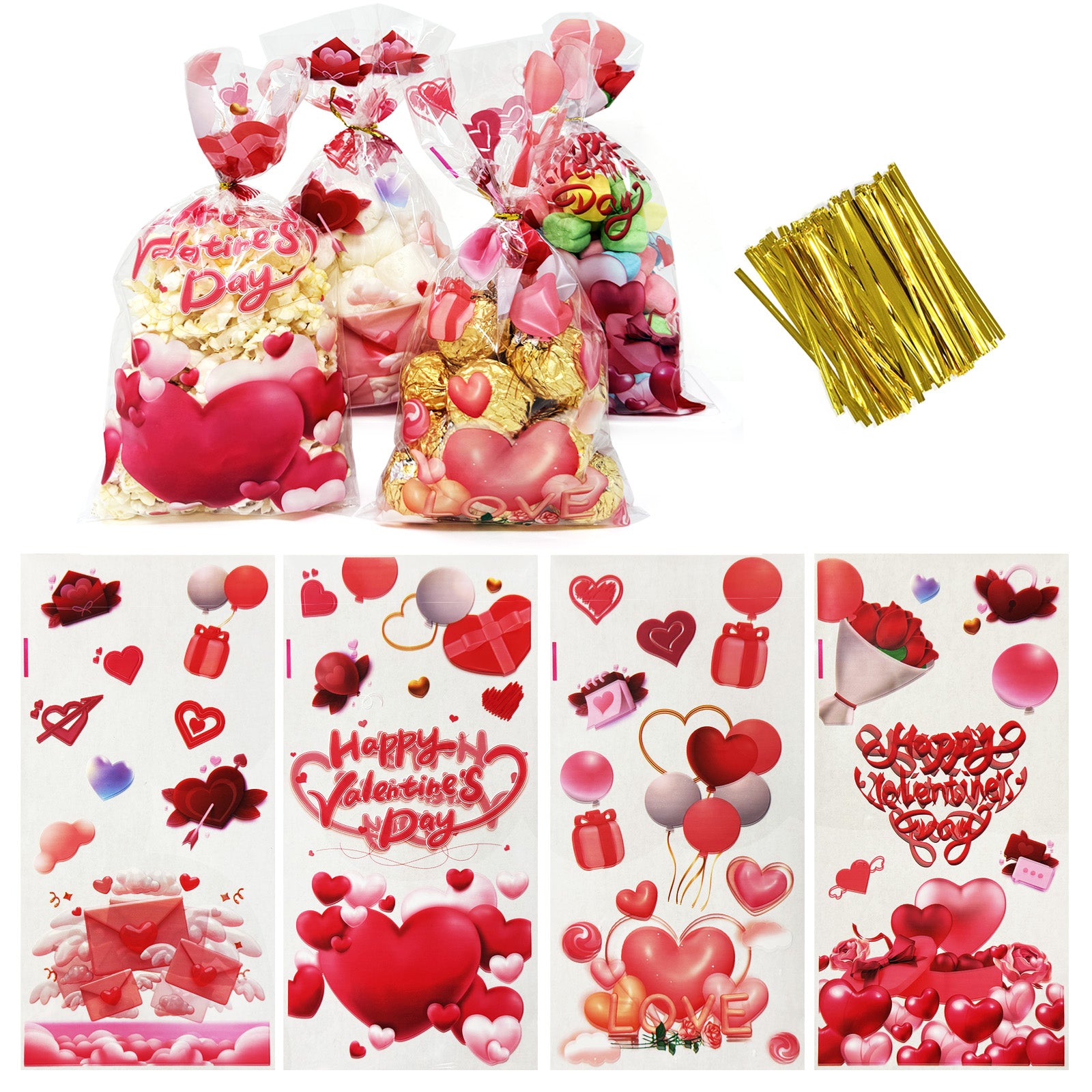 Wrapables 100pcs Valentines Cellophane Treat Bags and Ties