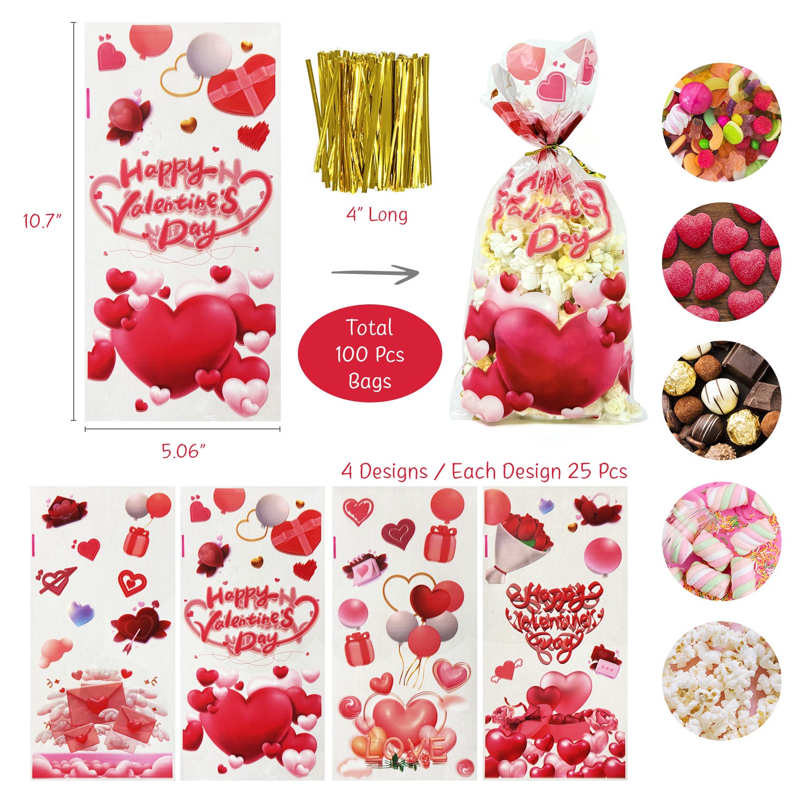 Wrapables 100pcs Valentines Cellophane Treat Bags and Ties