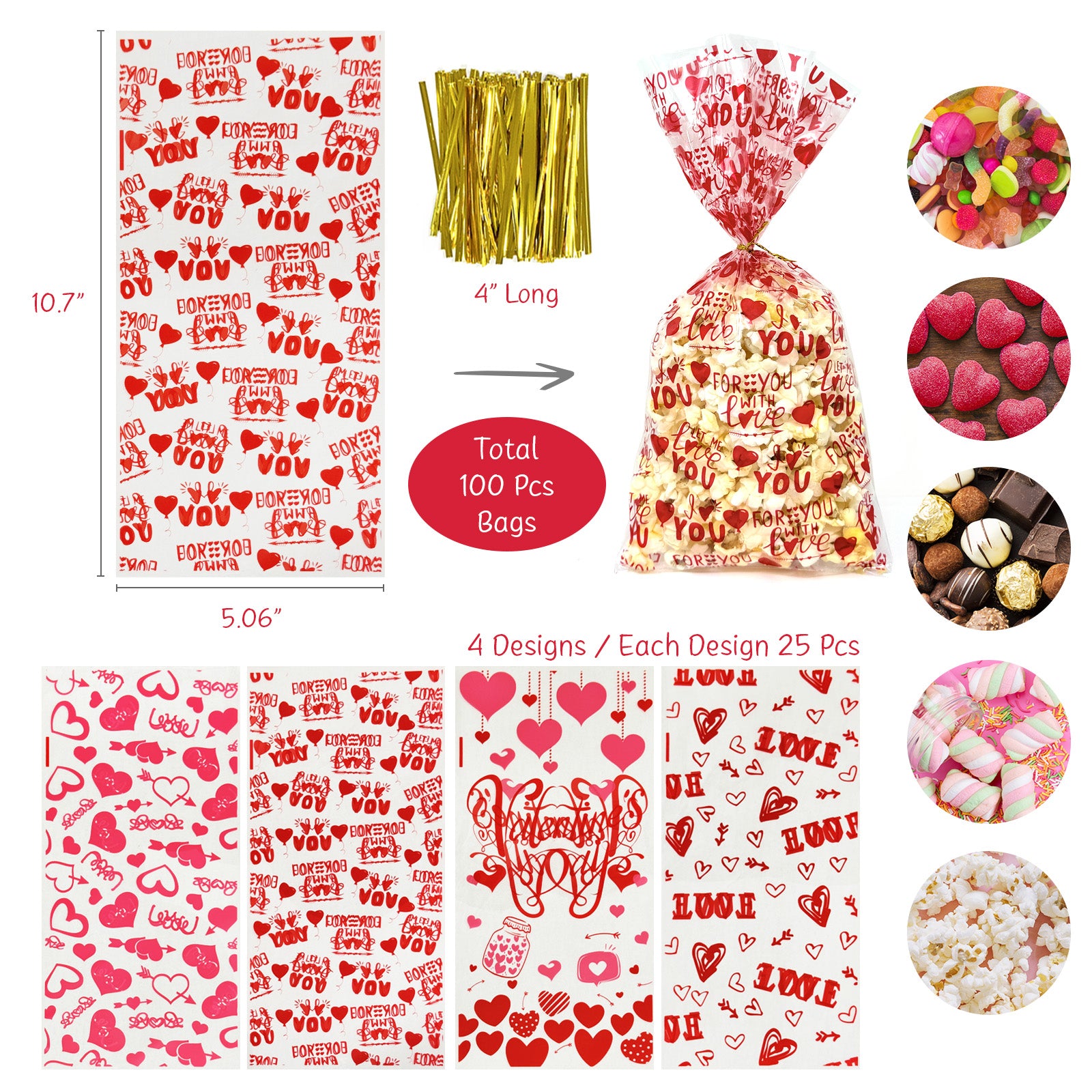 Wrapables 100pcs Valentines Cellophane Treat Bags and Ties