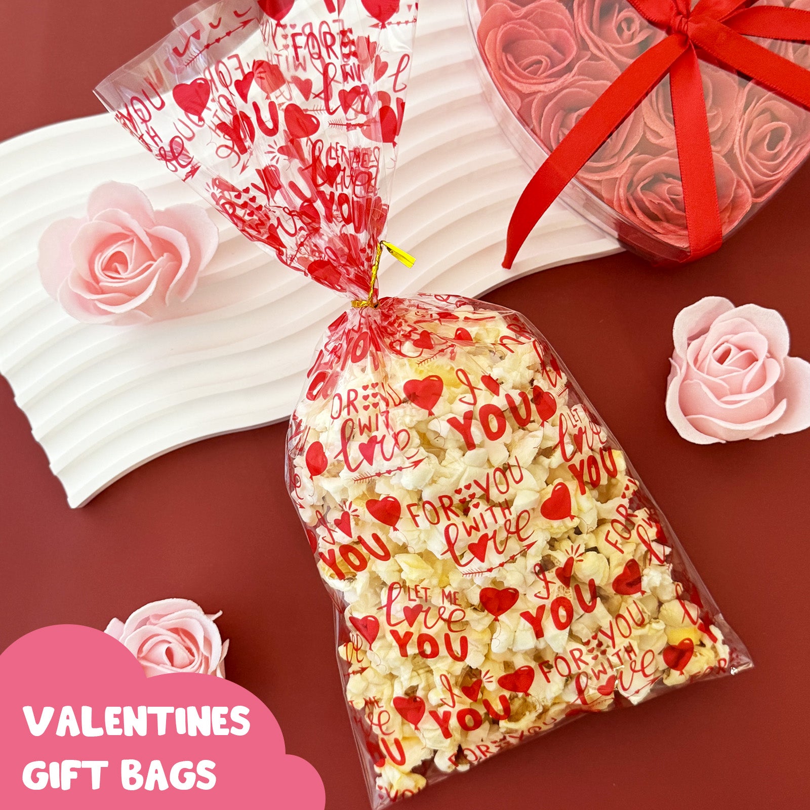 Wrapables 100pcs Valentines Cellophane Treat Bags and Ties