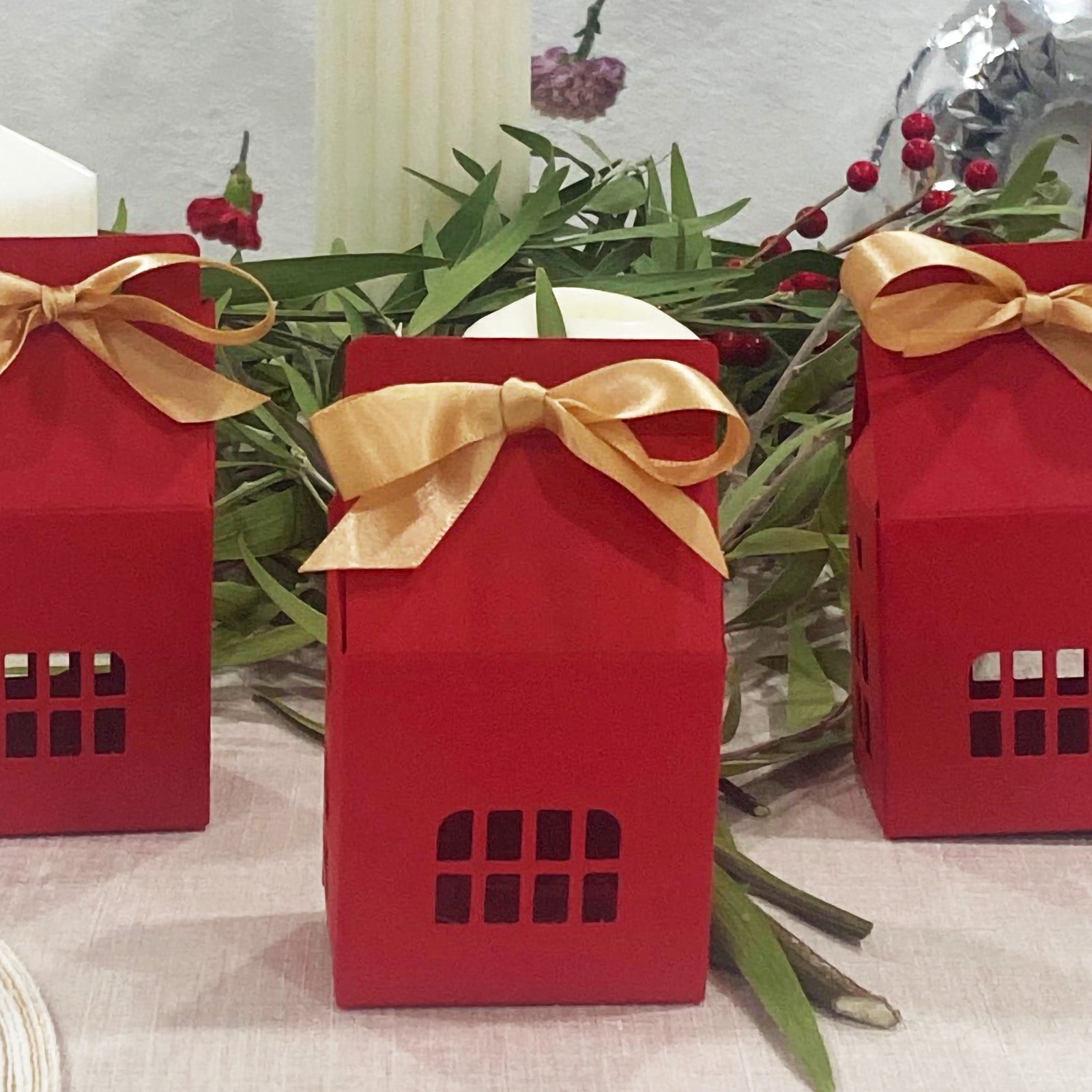 Wrapables House Shaped Gift Boxes with Ribbons, Red