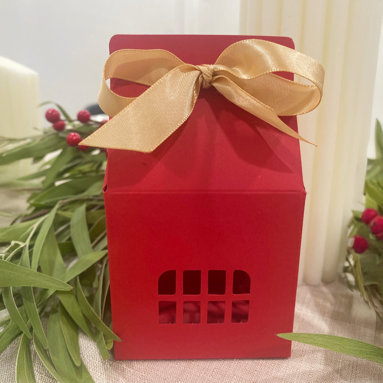 Wrapables House Shaped Gift Boxes with Ribbons, Red