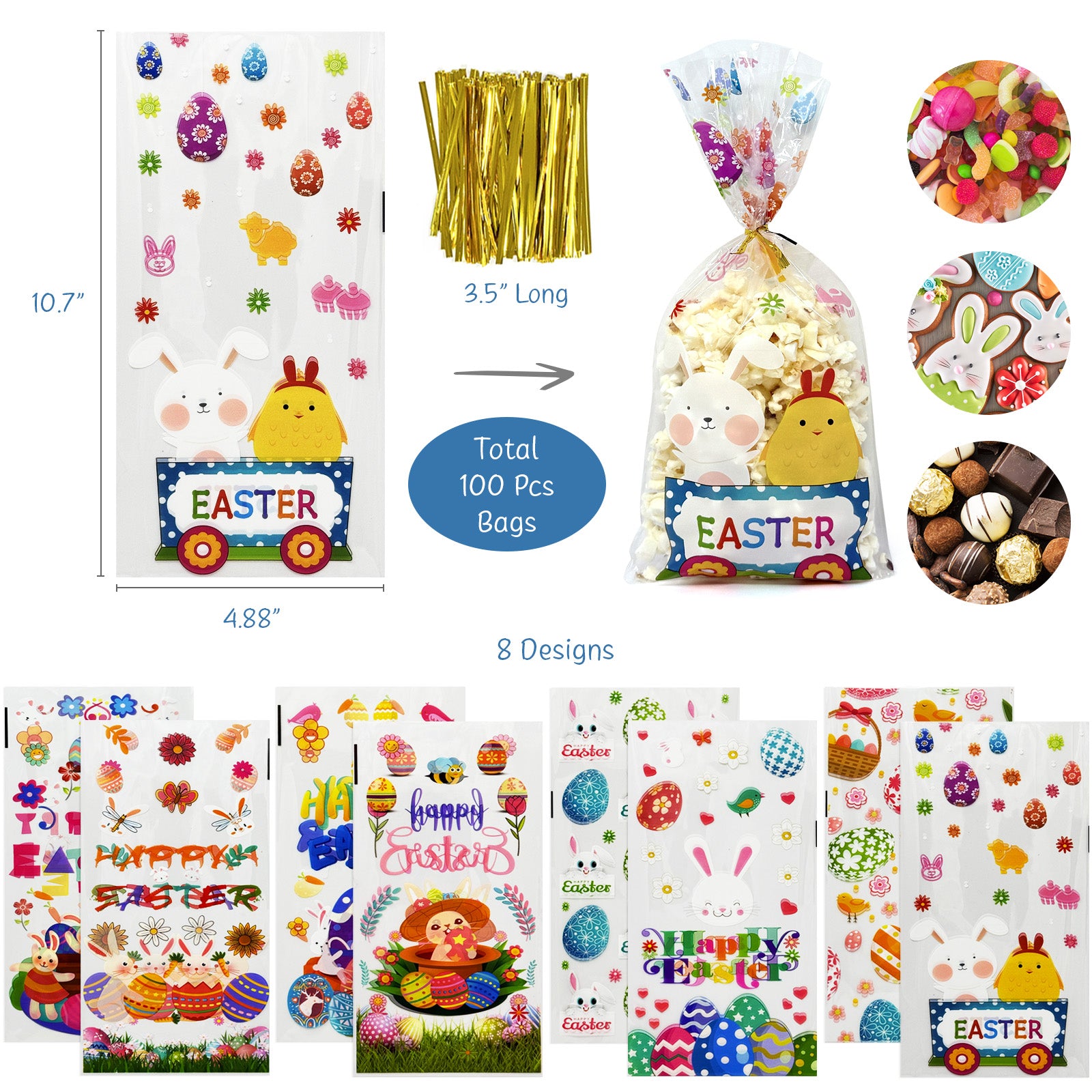 Wrapables 100pcs Easter Cellophane Treat Bags and Ties, Happy Easter