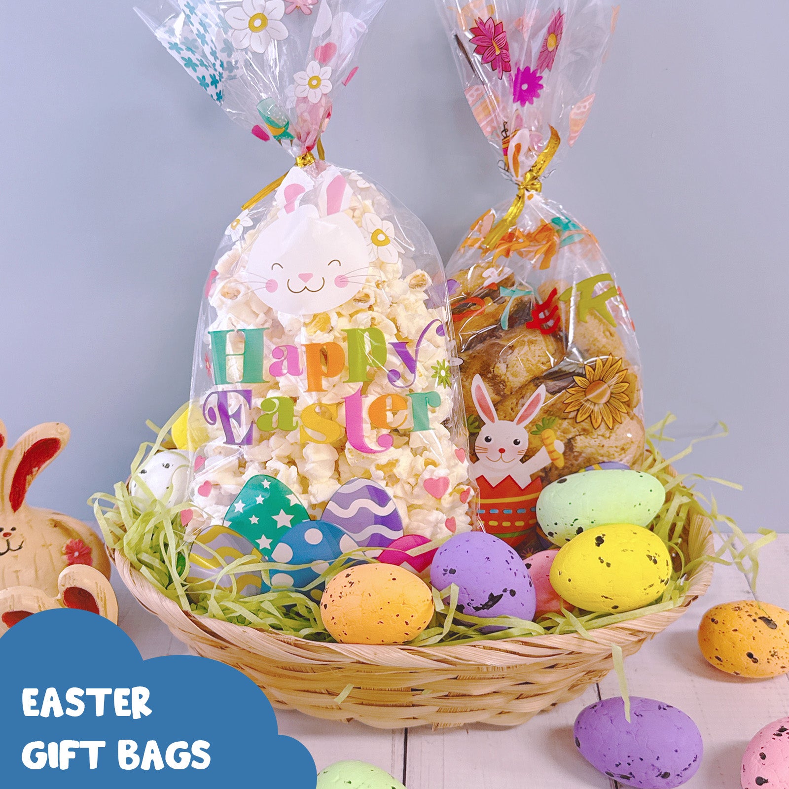 Wrapables 100pcs Easter Cellophane Treat Bags and Ties, Happy Easter