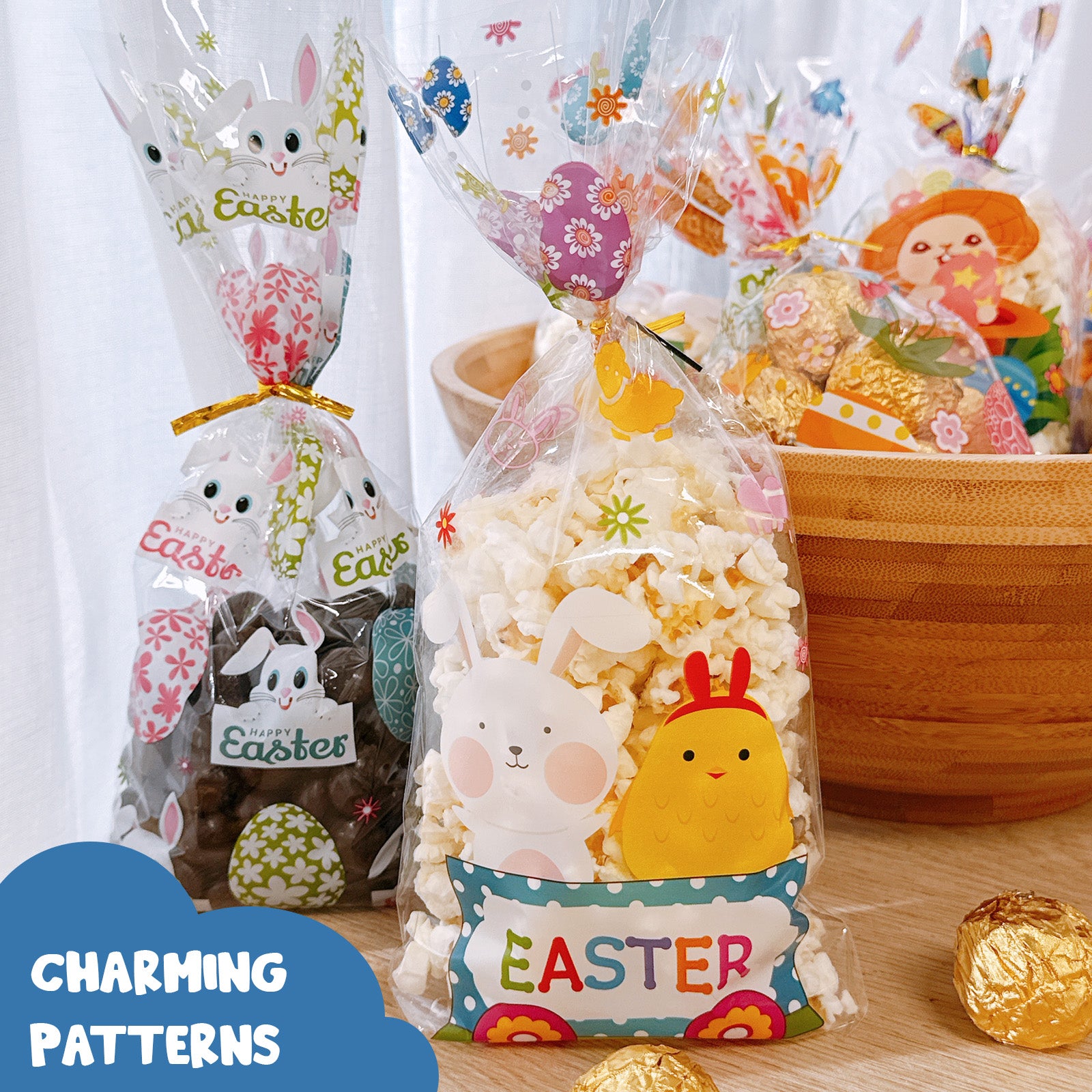 Wrapables 100pcs Easter Cellophane Treat Bags and Ties, Happy Easter