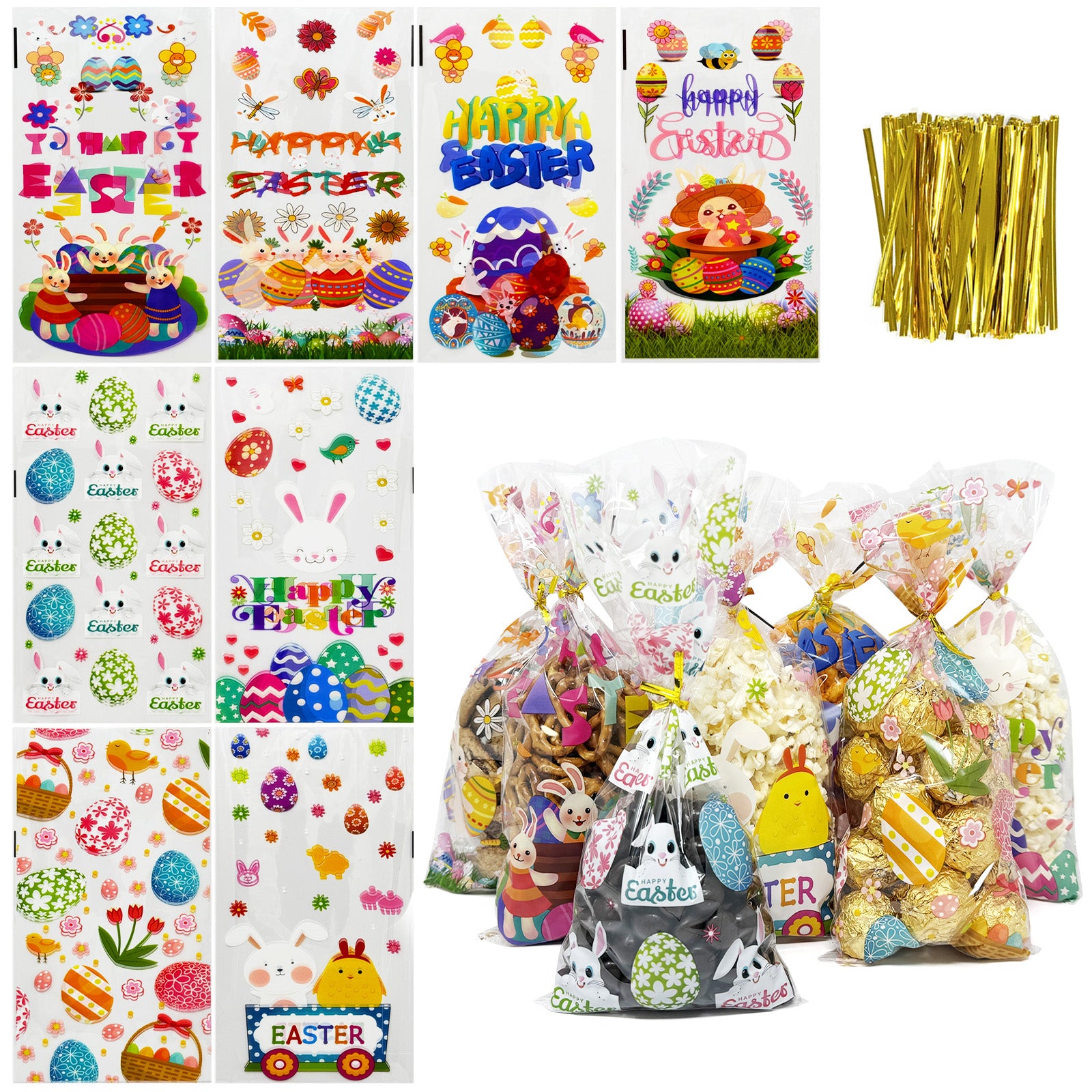 Wrapables 100pcs Easter Cellophane Treat Bags and Ties, Happy Easter