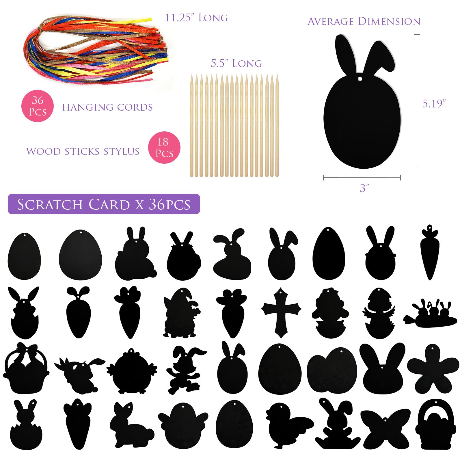 Wrapables 36pc DIY Rainbow Color Scratch Arts Ornaments, Easter