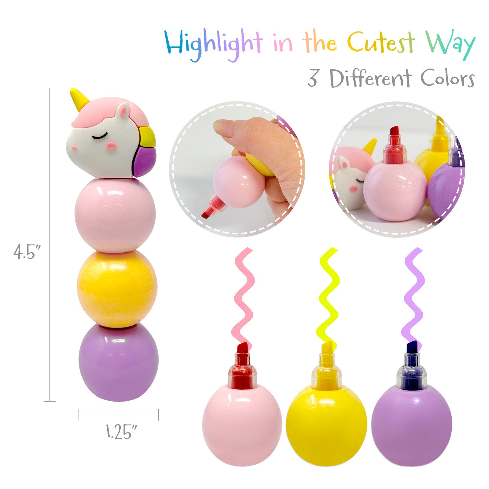 Wrapables Mini Stackable Highlighters, Cute Multi-color Markers, Unicorn