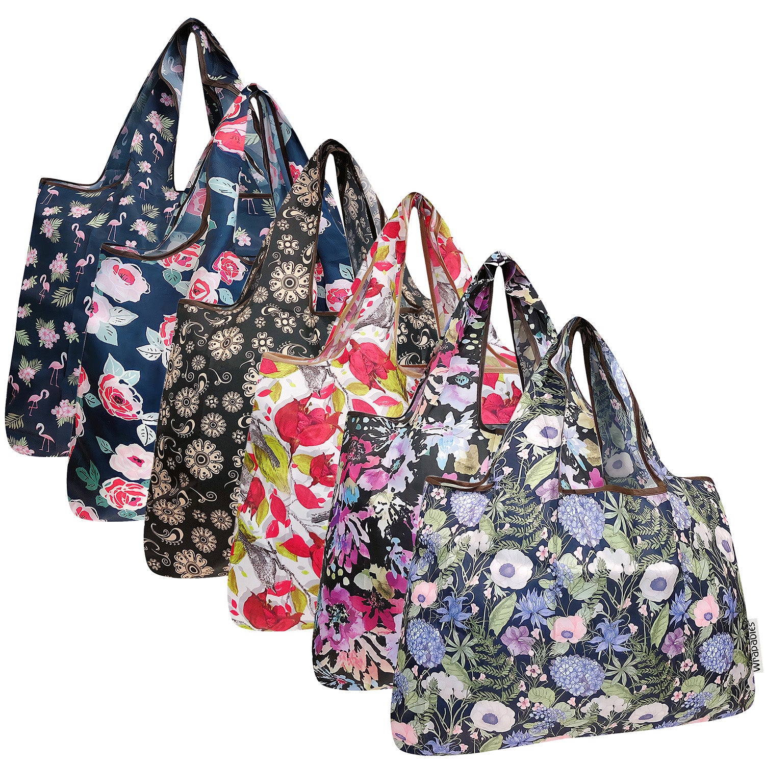 Wrapables Large Foldable Tote Nylon Reusable Grocery Bags, 6 Pack