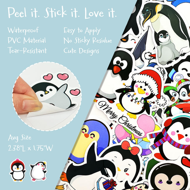 Wrapables Waterproof Vinyl Stickers for Water Bottles, Laptop, Phones, Skateboards, Decals for Teens, 100pcs, Penguin Fun