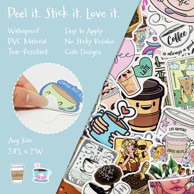 Wrapables Waterproof Vinyl Stickers for Water Bottles, Laptop, Phones, Skateboards, Decals for Teens, 100pcs, Coffee Time