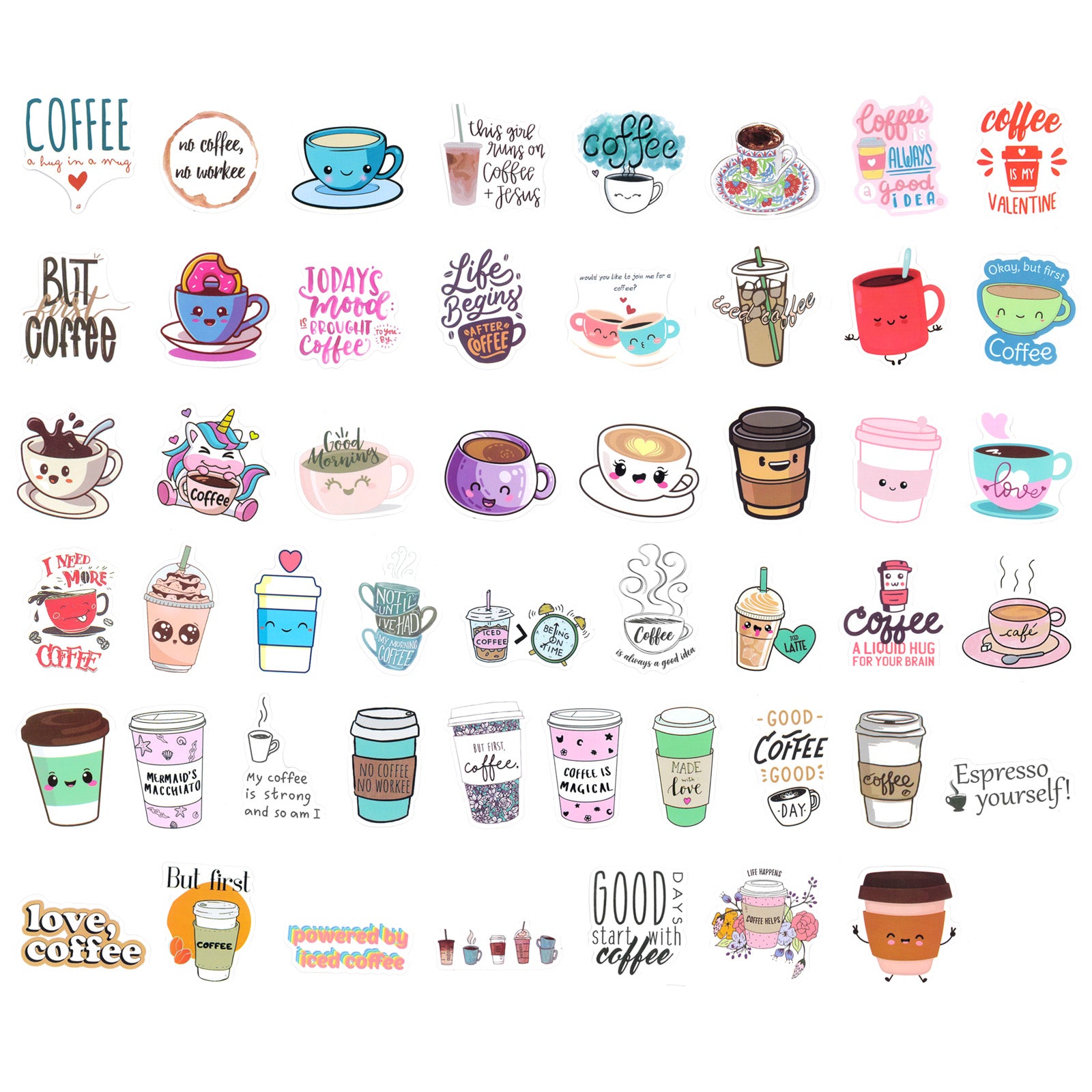 Wrapables Waterproof Vinyl Stickers for Water Bottles, Laptop, Phones, Skateboards, Decals for Teens, 100pcs, Coffee Time