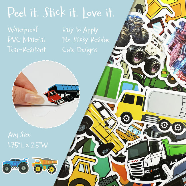 Wrapables Waterproof Vinyl Stickers for Water Bottles, Laptop, Phones, Skateboards, Decals for Teens, 100pcs, Trucks