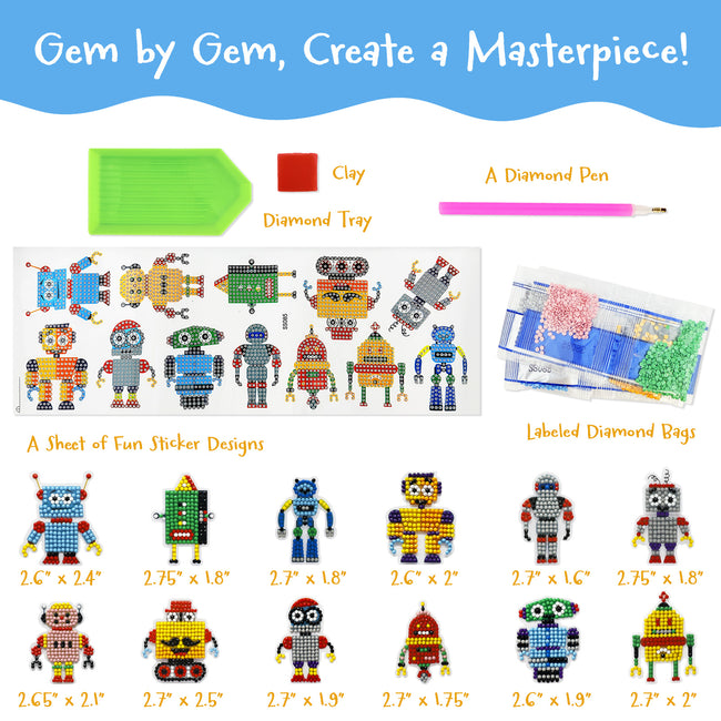 Wrapables Diamond Art Kits, 5D Gem Painting DIY Arts & Crafts Stickers, 12pcs Robots