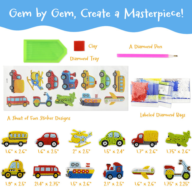 Wrapables Diamond Art Kits, 5D Gem Painting DIY Arts & Crafts Stickers, 12pcs Vehicles