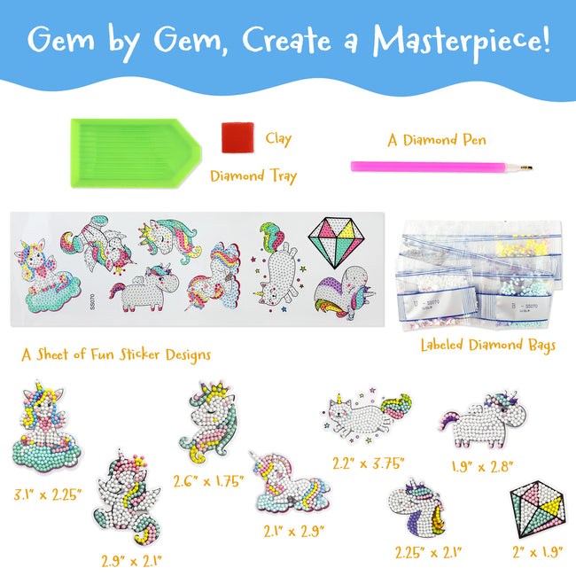 Wrapables Diamond Art Kits, 5D Gem Painting DIY Arts & Crafts Stickers, 8pcs Unicorns