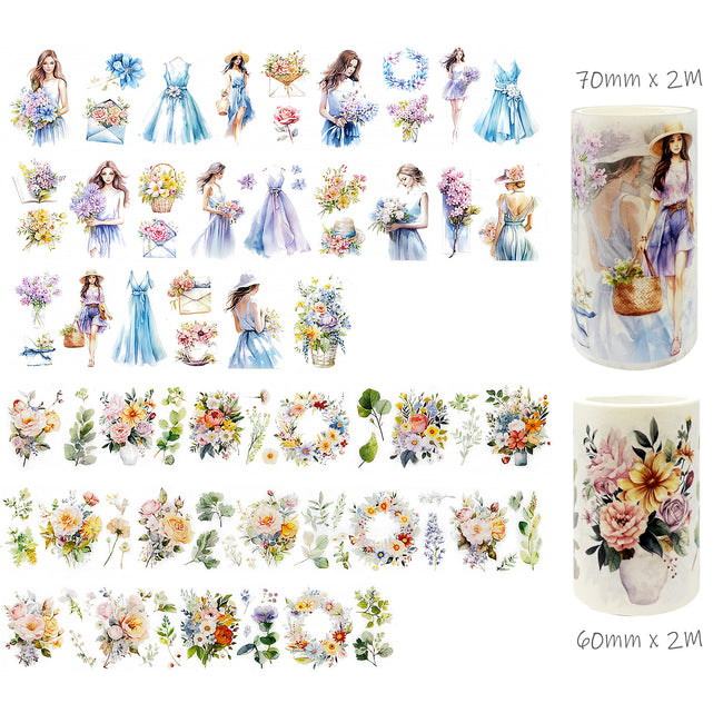 Wrapables Aesthetic Floral Fashion PET Washi Tapes for Scrapbooking, Stationery, Journaling, Diary, Card Making (Set of 2), Blue and Lavender