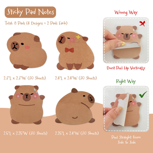Wrapables Cute Capybara Sticky Notes, Adhesive Kawaii Animal Memo Notepads, Stationery Supplies for Reminders, Messages, Bookmarks, Home and Office Use (Set of 8)