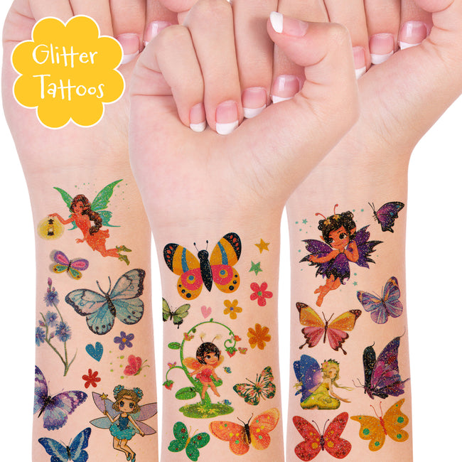 Wrapables Waterproof Glitter Temporary Tattoos, Birthday Party Favors and Supplies, Goodie Bag Fillers, 10 Sheets Fairies and Butterflies