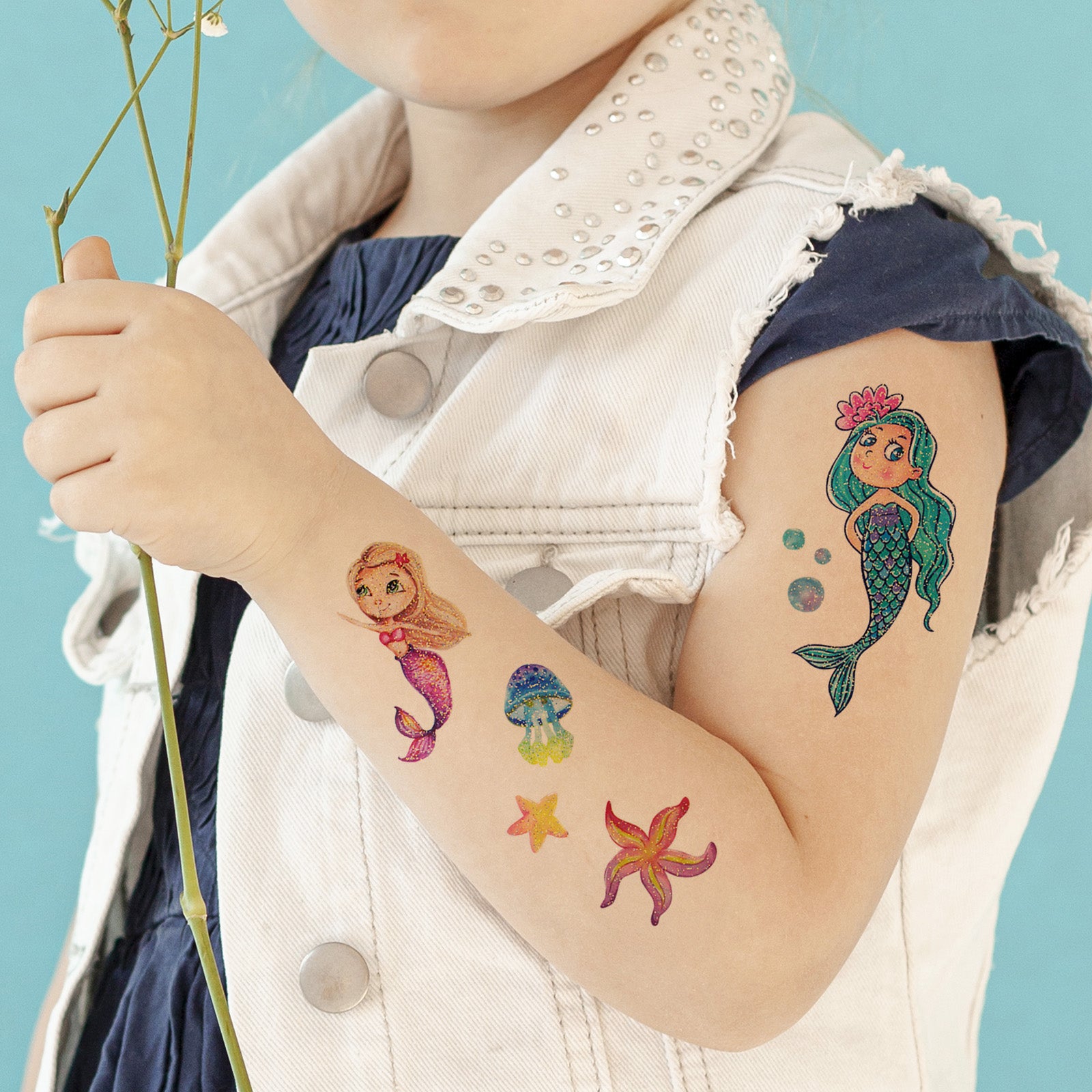 Wrapables Waterproof Glitter Temporary Tattoos, Birthday Party Favors and Supplies, Goodie Bag Fillers, 12 Sheets Mermaids