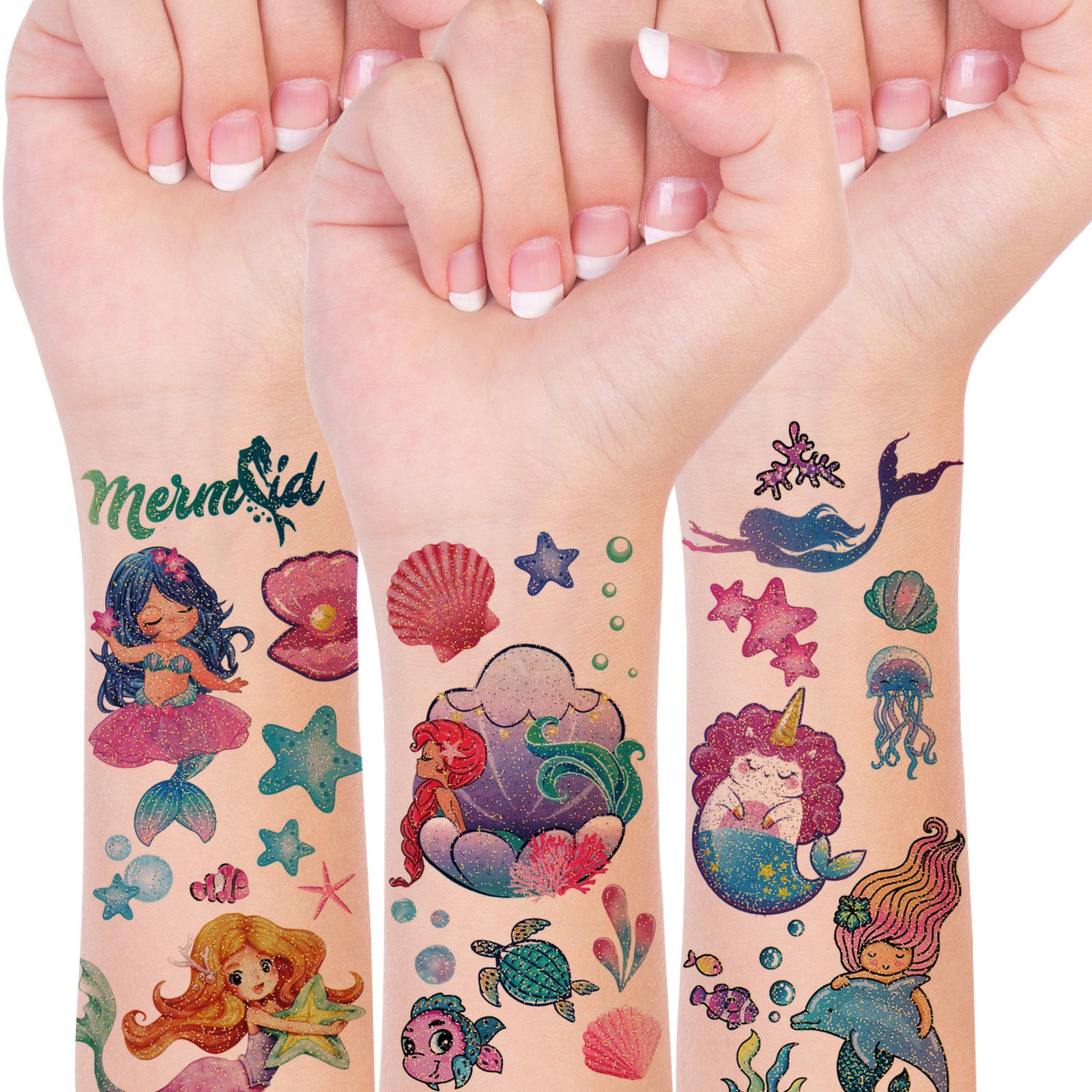 Wrapables Waterproof Glitter Temporary Tattoos, Birthday Party Favors and Supplies, Goodie Bag Fillers, 12 Sheets Mermaids
