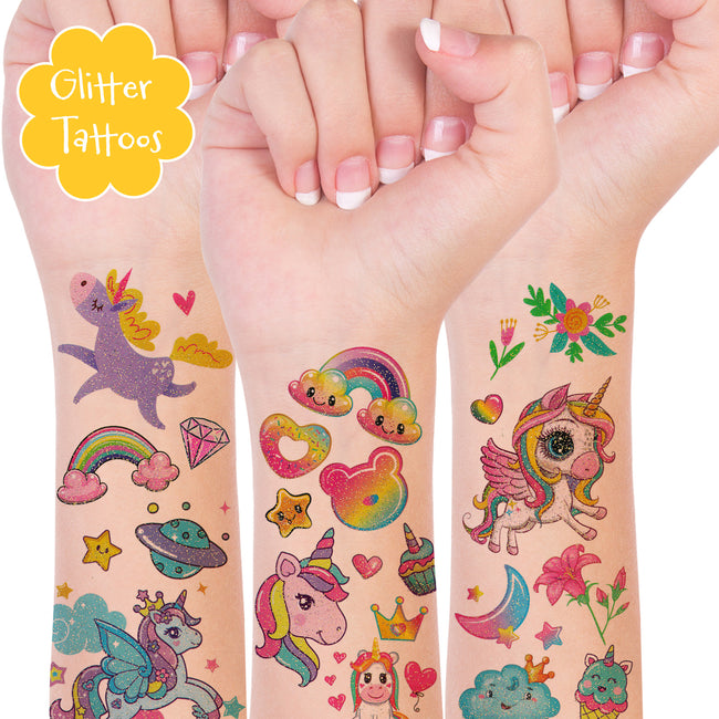 Wrapables Waterproof Glitter Temporary Tattoos, Birthday Party Favors and Supplies, Goodie Bag Fillers, 12 Sheets Unicorns