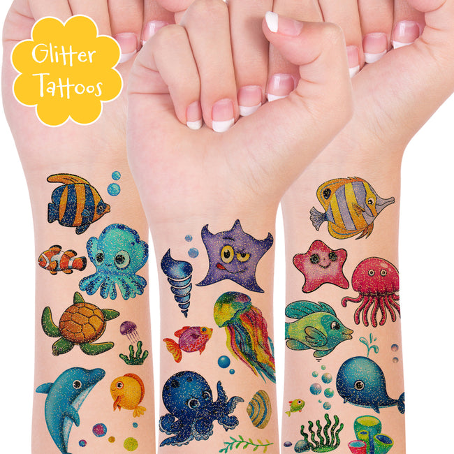 Wrapables Waterproof Glitter Temporary Tattoos, Birthday Party Favors and Supplies, Goodie Bag Fillers, 12 Sheets Ocean Animals