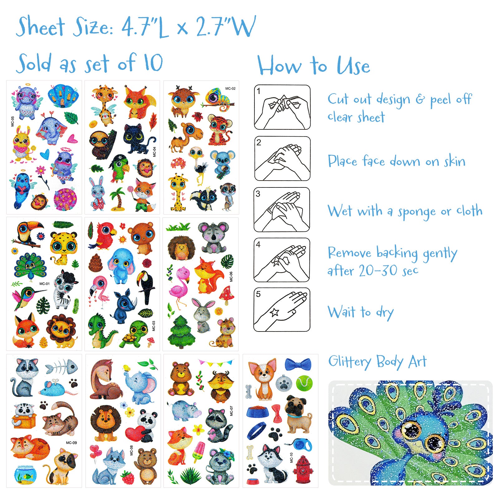 Wrapables Waterproof Glitter Temporary Tattoos, Birthday Party Favors and Supplies, Goodie Bag Fillers, 10 Sheets Cute Animals